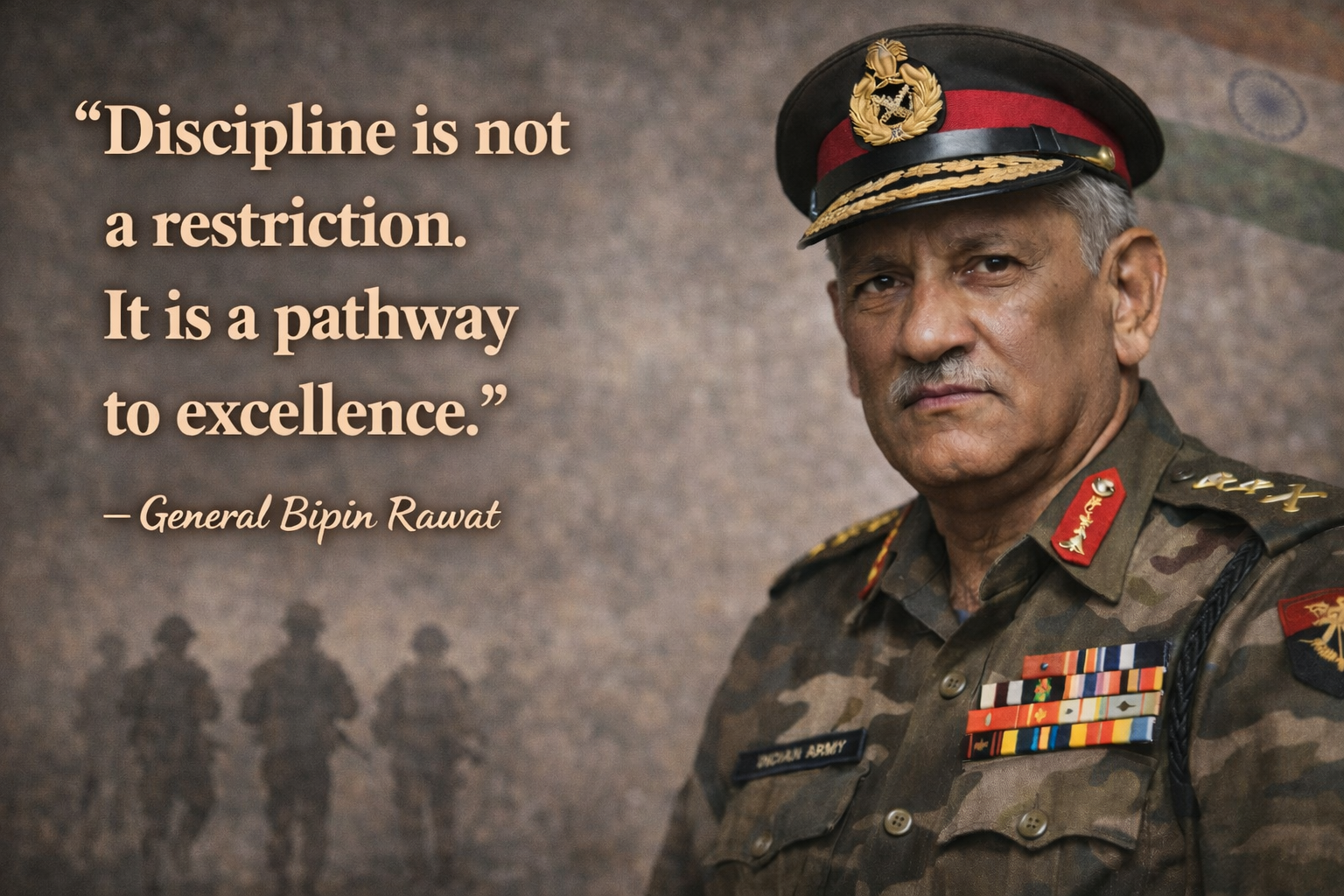 Indian Army Quotes for Defence Aspirants (Image + Text) 19 "Discipline is not a restriction. It is a pathway to excellence." – General Bipin Rawat